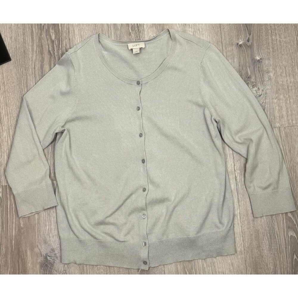 Ann Taylor Loft Cardigan XL Gray Cotton 3/4 Sleeve‎ Preppy Sweater Cottagecore